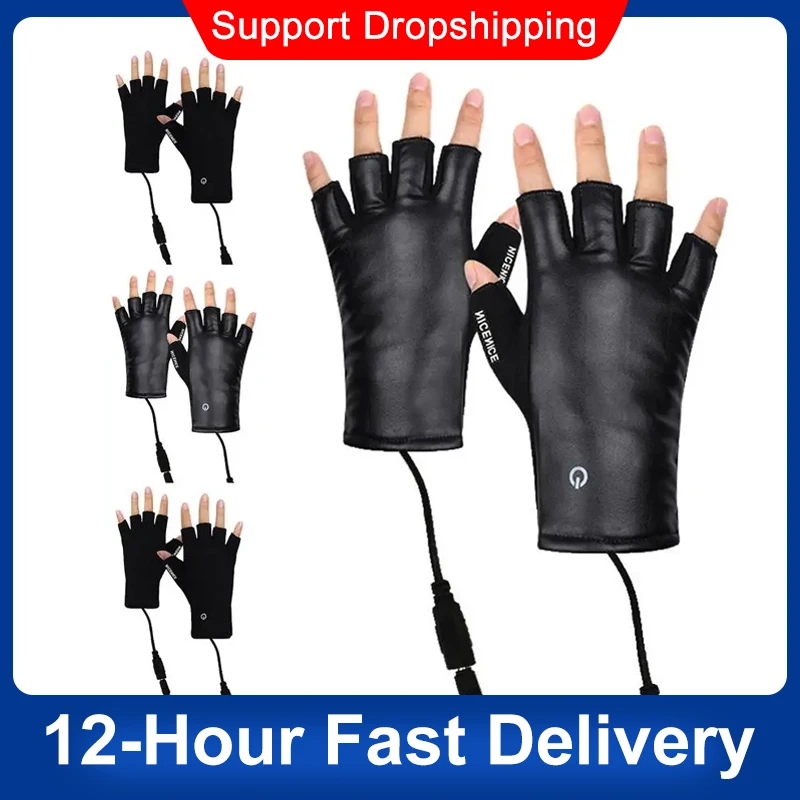 M/L USB Electric Heated Gloves Men Women Half Finger Warmer Touchscreen Fingerless Hands Warmer For Winter Skiing Gloves