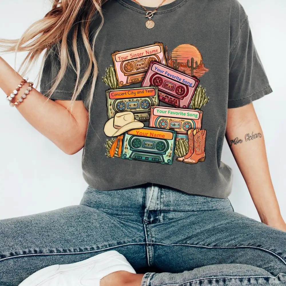 

Concert Cassette Shirt with Your Name, Cotton T-shirt,Singer Name, Concert Location and Year For A Great Memory