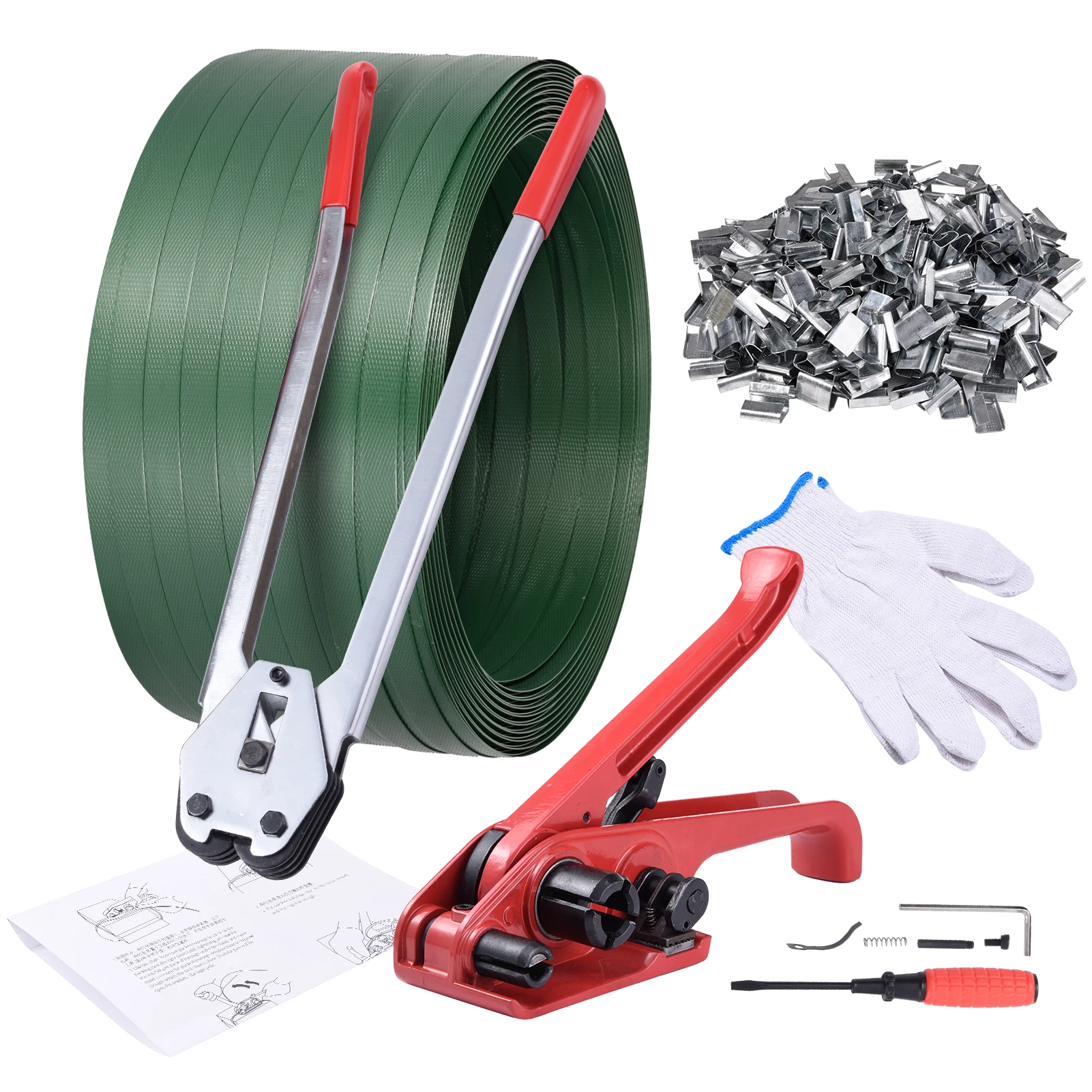 PET Strapping Kit – Includes Sealer, Tensioner, 2 lbs of Seals, 10 catties Coil of PET Strapping, and Gloves (5/8 inch, 2000 ft)