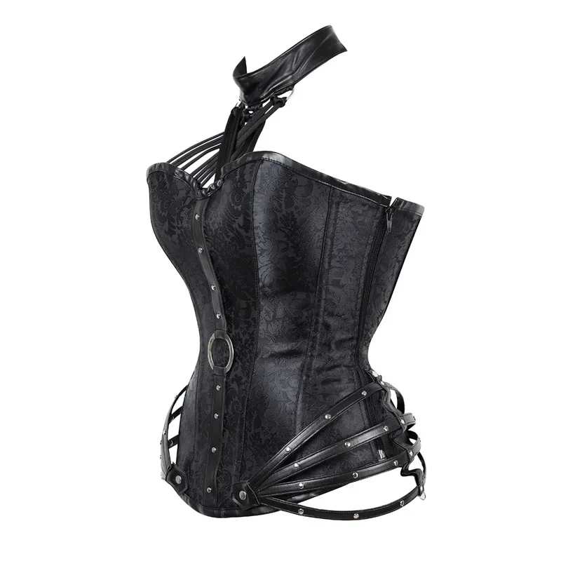 Steampunk Corsets Tops Zipper Leather Corset Steel Bones Bustiers Halter Gothic Pirate Vintage Burlesque Clubwear Black Red