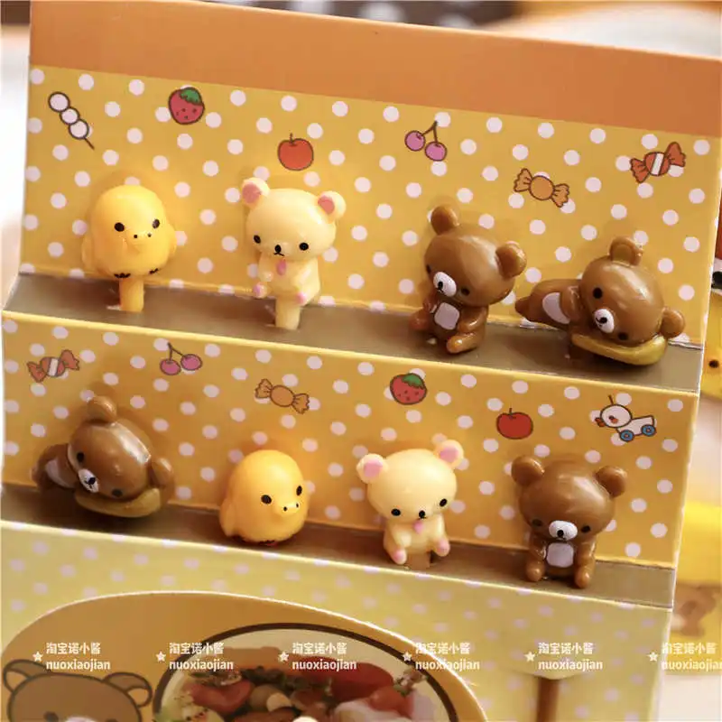 Nette 8er-pack Rilakkuma Mini Puppe Kunststoff Obst Dessert Gabel Ornamente Nette Kiiroito Hause Geburtstag Party Dekoration Obst gabel Neue