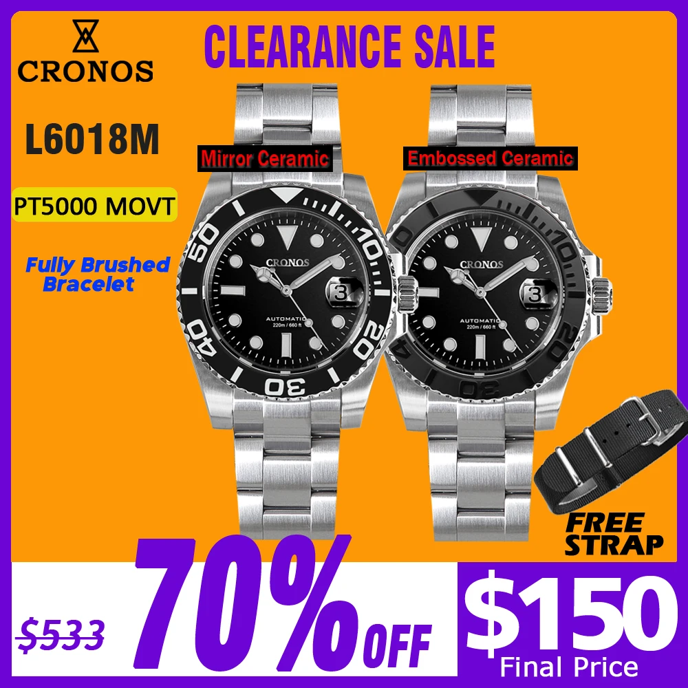 Cronos Sub Diver Men Watch Stainless Steel PT5000 Brushed Bracelet Ceramic Bezel 200 meters Water Resistant L6018