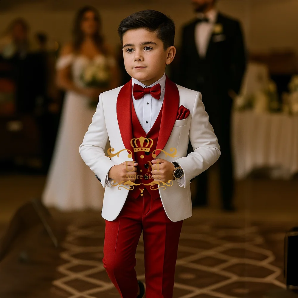 Kids White Tuxedo with Red Lapel 3-piece Set Jacket Vest Pants Custom Clothes of Boys Wedding Suit for Prom Party Gift