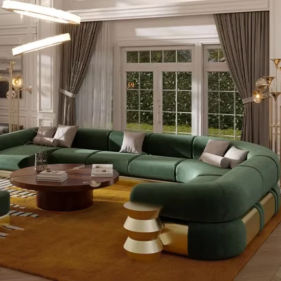 mz-Luxury Furniture Customized Italian Brushed Gold Stainless Steel Fabric Sofa Couch Multi-seat Combination Sofa for Villa~