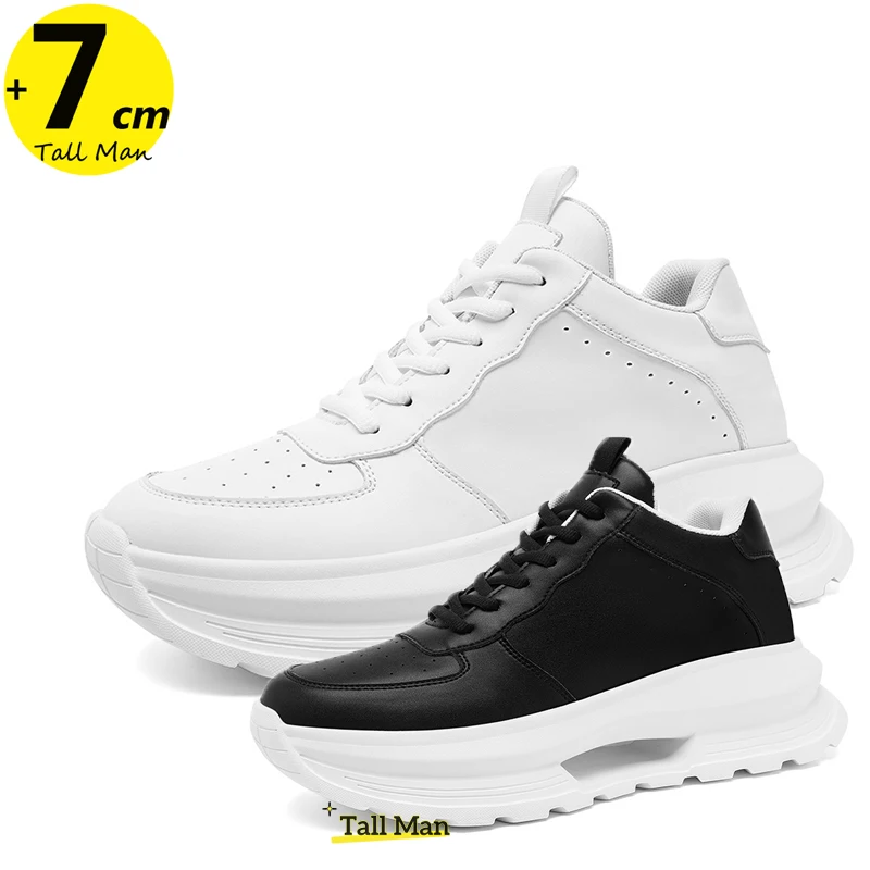 Man Leather Sneakers Elevator Shoes  Men's Hidden Heel Heightening White Black