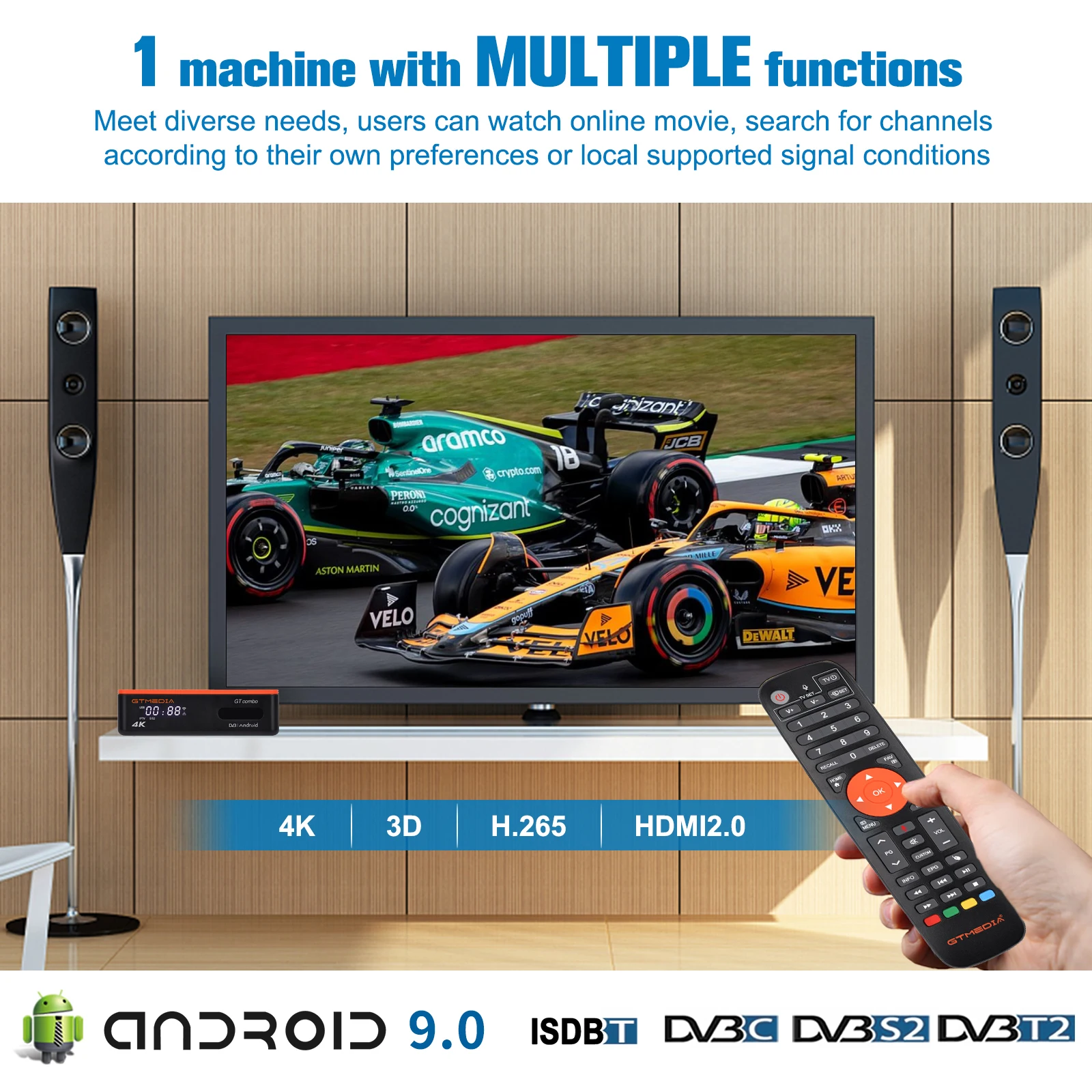 GTMEDIA GT COMBO 4k UHD ดาวเทียม Android 9.0 กล่องทีวี,DVB-S2/T2/สาย/ISDB-T,2.4G/5G WIFI,PK Freesat GTC โฮมเธียเตอร์
