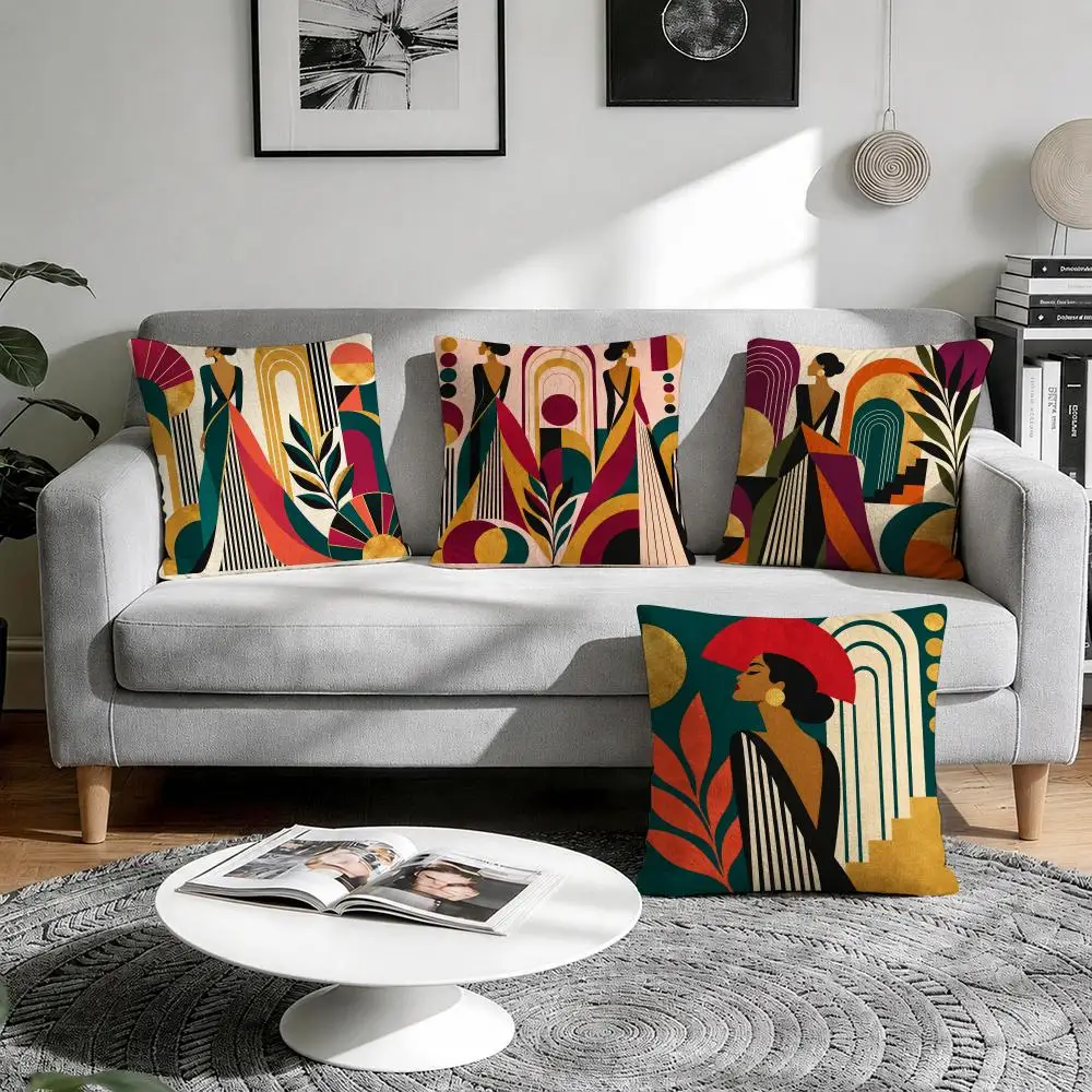 Art Deco Figures Cushion Cover 1/4Pcs Linen Throw Pillow Covers Double-Side Print Sofa Couch Living Room Decor