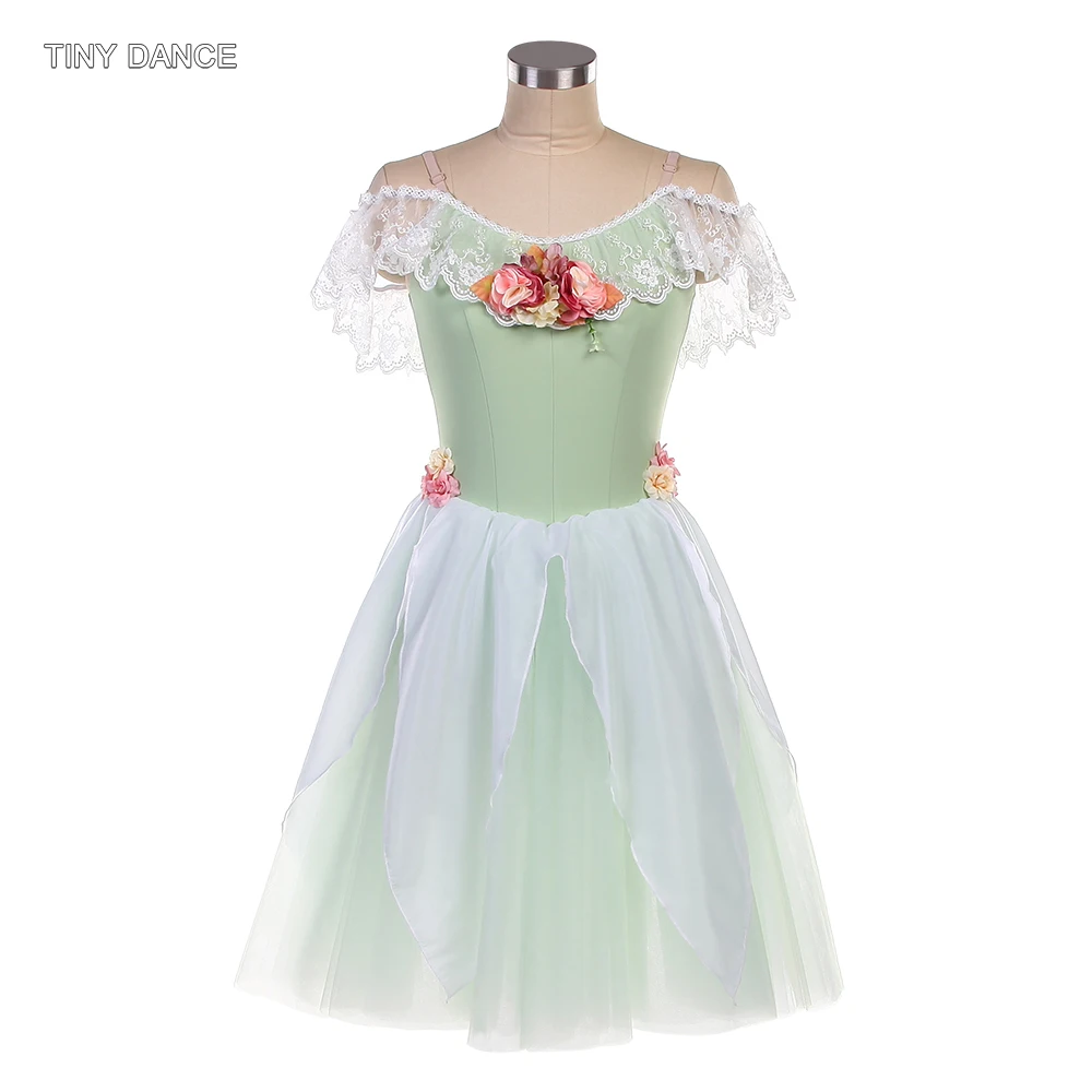 Robe longue de danse de Ballet pour filles adultes, épaules dénudées, Costumes de ballerine vert clair, Tutus romantiques, vêtements de spectacle, 25184
