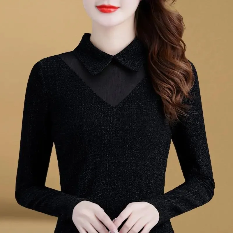 Women  Collar Mesh Splice Long Sleeve Top Fleece Lined Black Slim Fit Warm Autumn Winter Inner Layering Blouse
