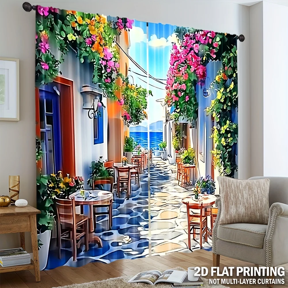 Vibrant Mediterranean Street Curtains Indoor Window Decoration Bohemian Style Italian Village Travel Scene Coastal Photo Mural P