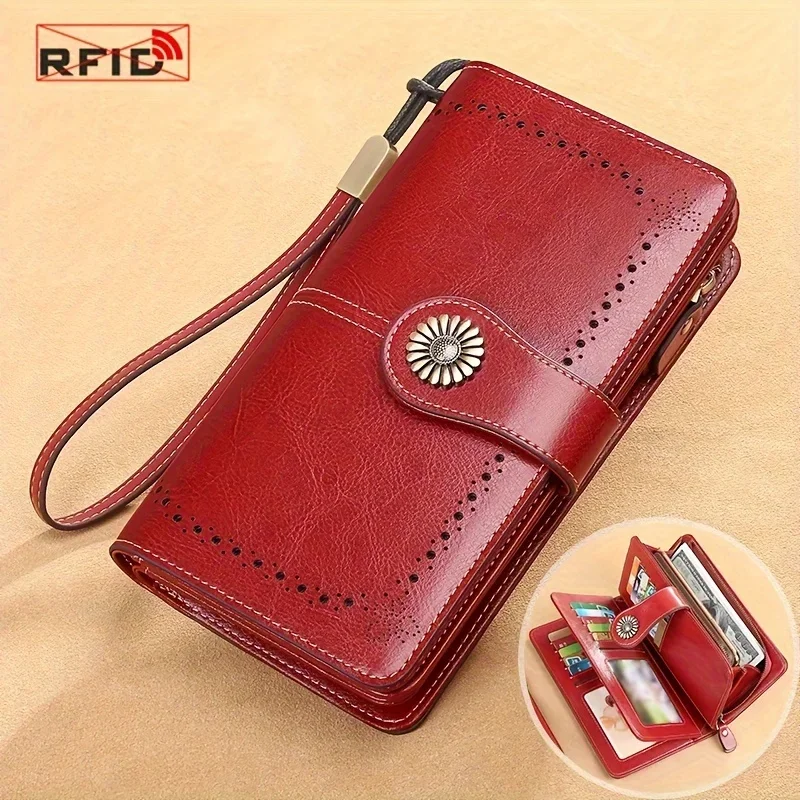 Carteira longa elegante feminina com alça de pulso removível, couro esculpido oco, porta-cartões de bloqueio multifuncional, lar