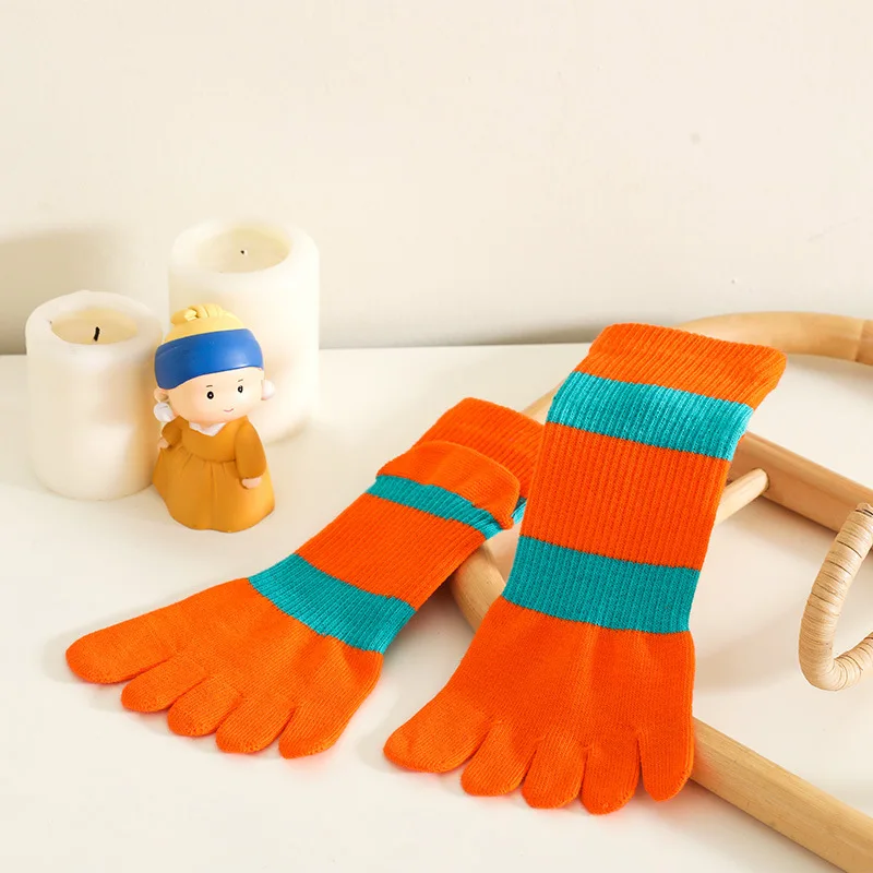 5 Pairs Bright Color Woman Girl Short Socks with Toes Combed Cotton Young Fashion Striped Five Finger Sport Socks meia feminina