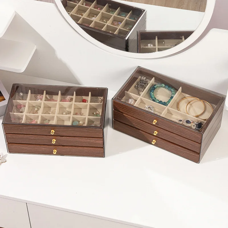 New Walnut Pattern Three-Layer Drawer Jewelry Storage Box Ring Earrings Necklace Bracelet Jewelry Storage Box