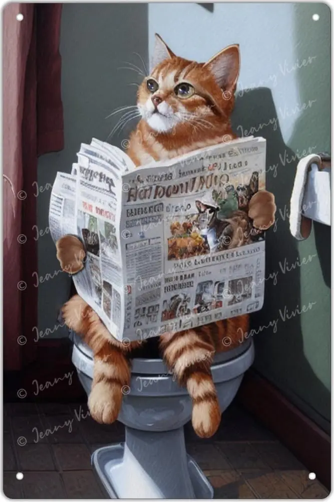 Zomyto Tabby Cat Reading The Newspaper On Toilet Funny Bathroom Decor Wall Art Retro Tin Sign Animal Metal Sign for Bathroom Res