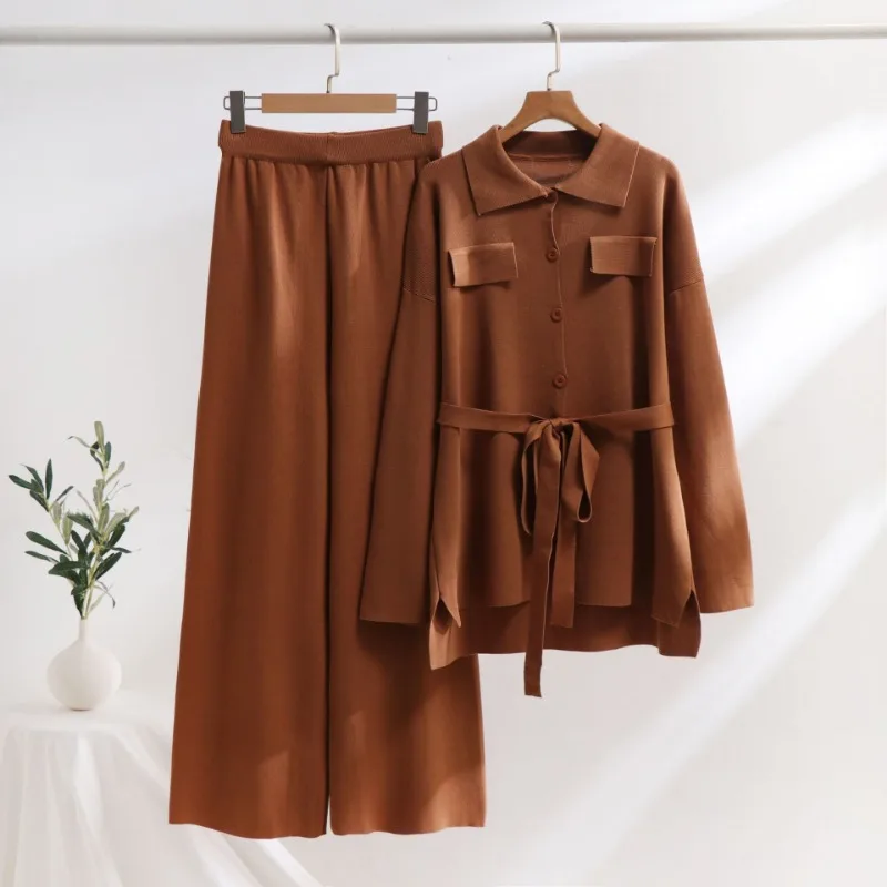 New Pants Suit Fashion Simple Comfortable Solid Color Loose cardigan Tops High Waist Wide Leg Pants Women Two-piece Sets Elegant