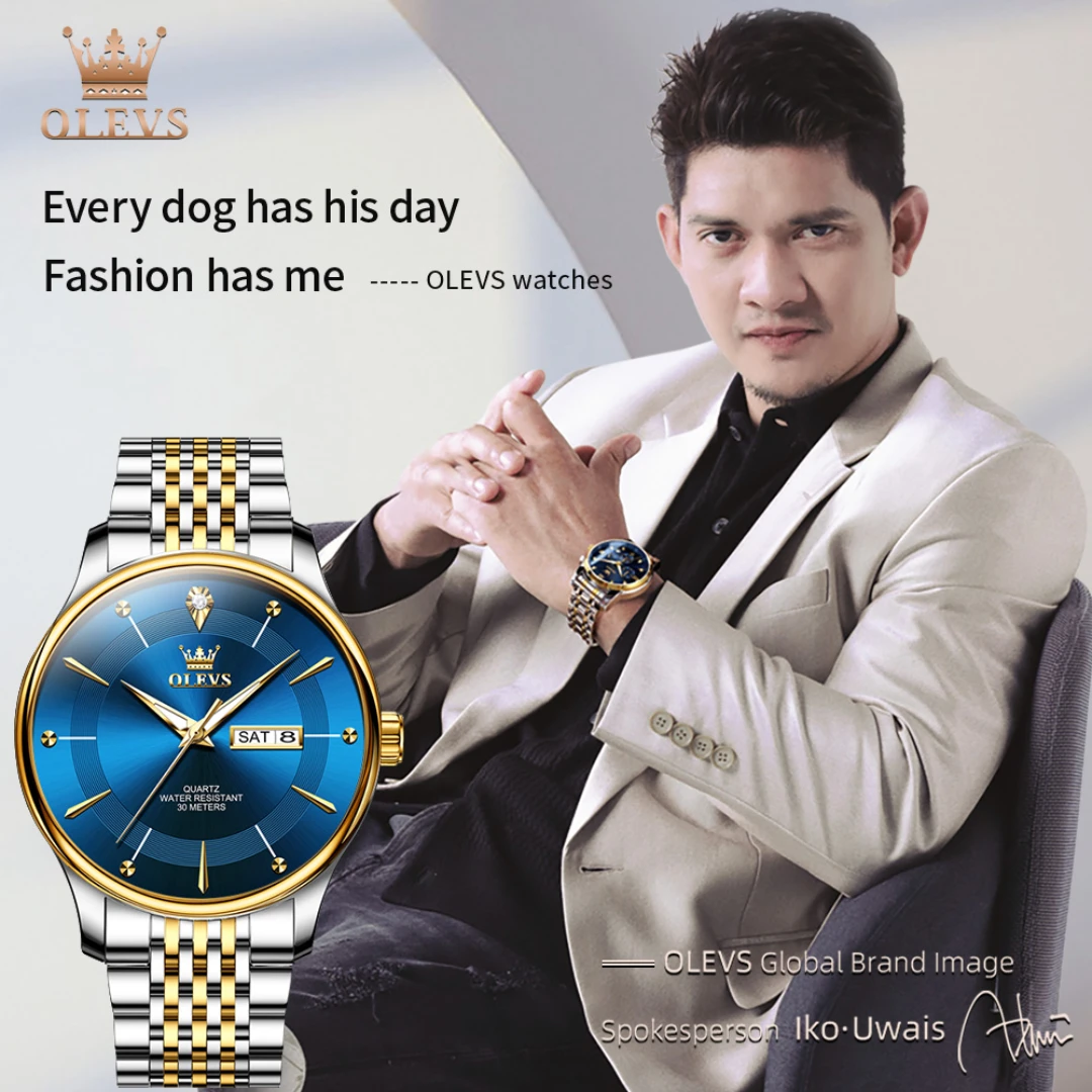 Olevs 9908 negócios relógio de quartzo presente mostrador redondo pulseira de aço inoxidável relógio de pulso semana exibição calendário luminoso