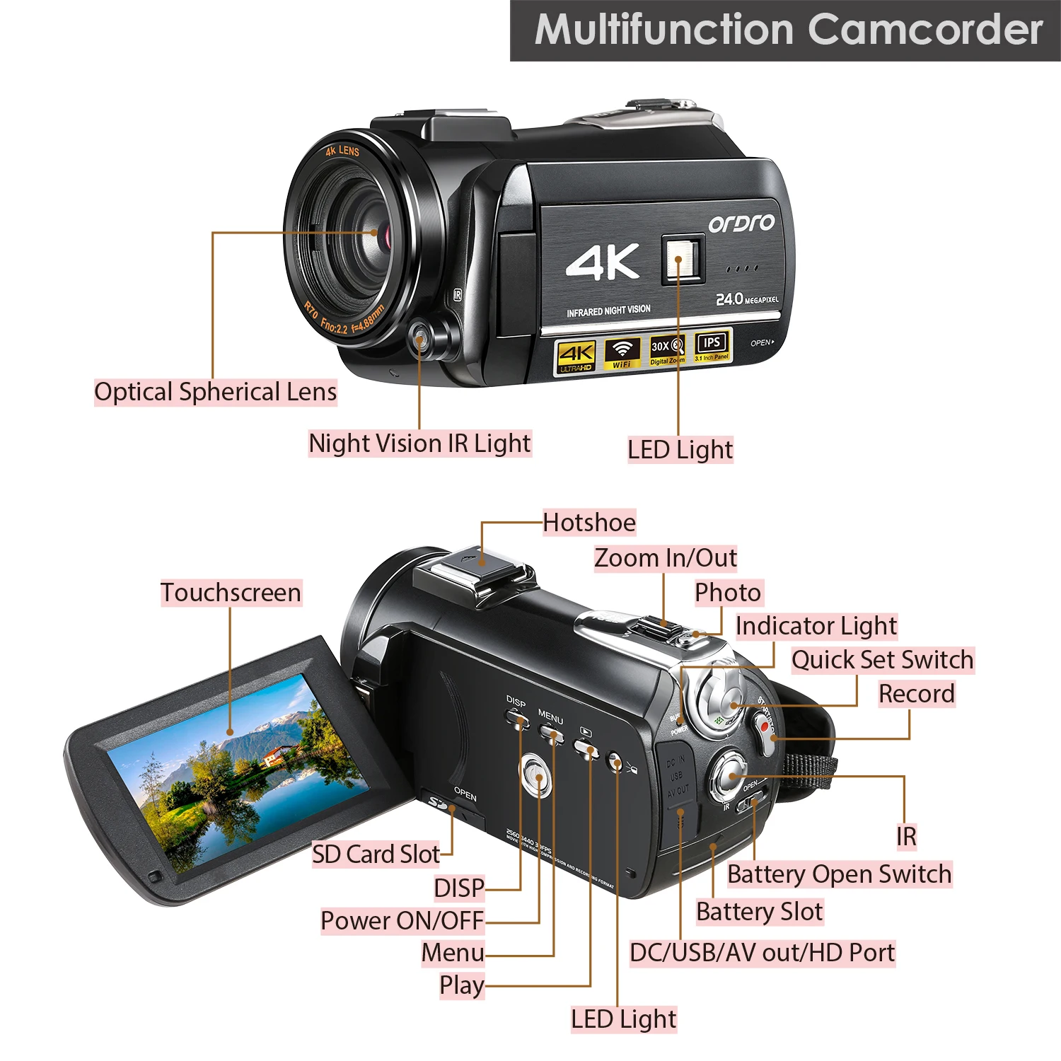 Videocamera 4K Vlog per rugby, AC3 1080P 60FPS videocamera digitale Full HD IR per visione notturna videocamera professionale YouTube