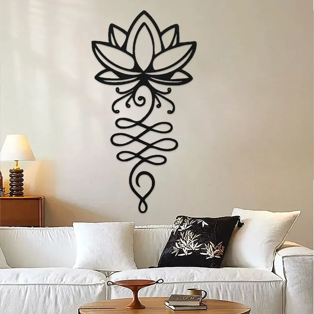 2D Lotus Wall Decoration,Metal Black Lotus Wall Art Hollow Wall Logo, Metal Flower Wall Outline Bedroom Garden Hotel Decoration