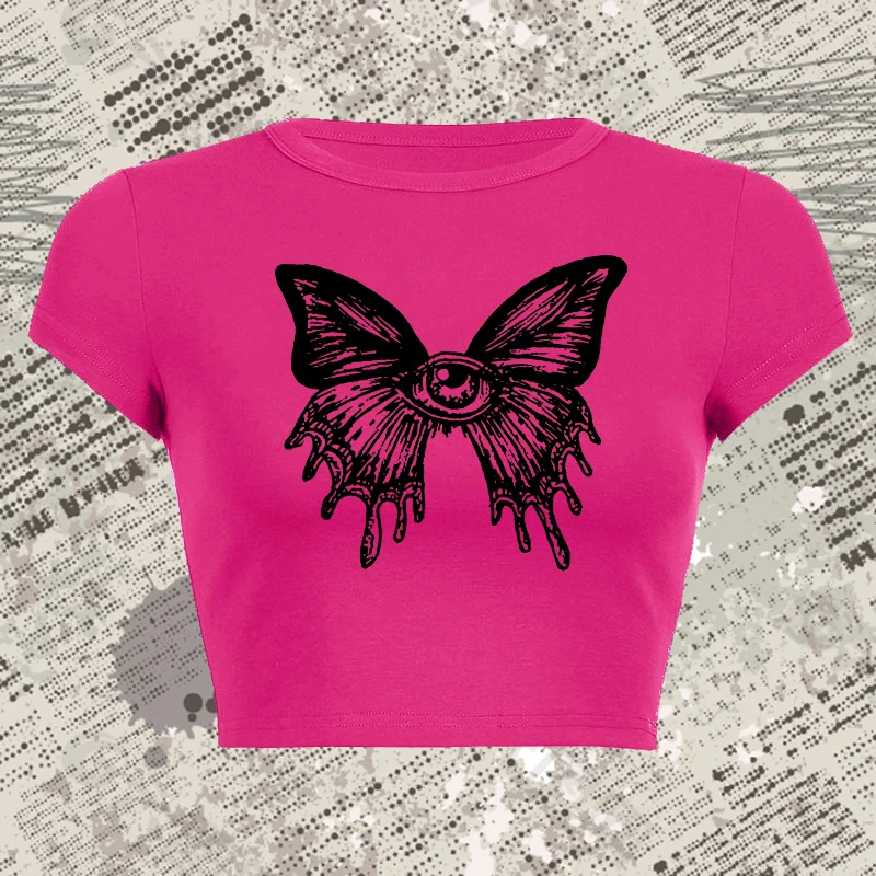 

Creative Butterfly Pattern Printing Women Crop T-shirt Harajuku Aesthetics Punk Tee Fashion O-Neck Tight Short Sleeves Crop Tops