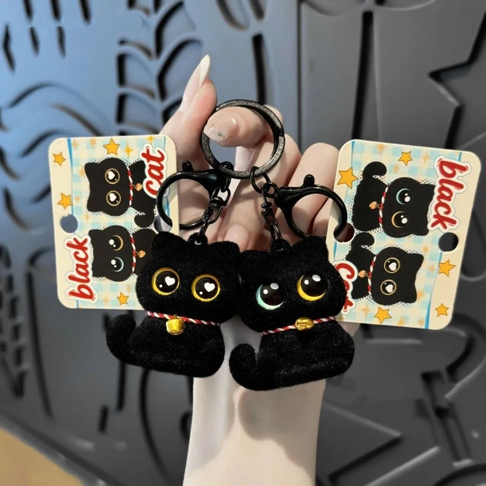 Cartoon Animals Flocking Black Cat Keychain with Bell Collar Cool Cat Plush Key Ring Small Cat Backpack Pendant Festival