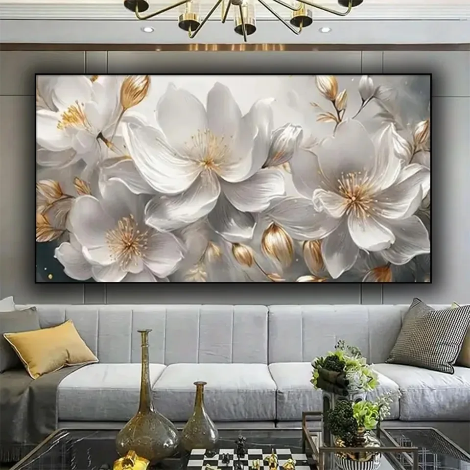 

Large Diy Diamond Painting White Flowers Full Square Round Diamond Mosaic Jewelry Cross Stitch Kits Still Life Home Decoration