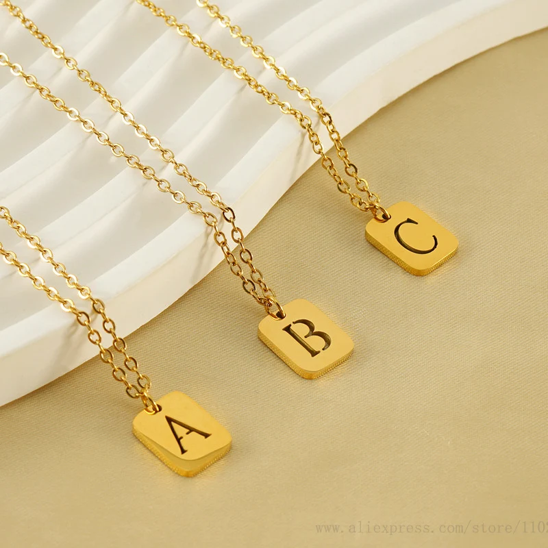 Luxury Stainless Steel Gold Plated Square Shape Hollow Out A-Z Letter Necklace For Women 10pcs/ Bag