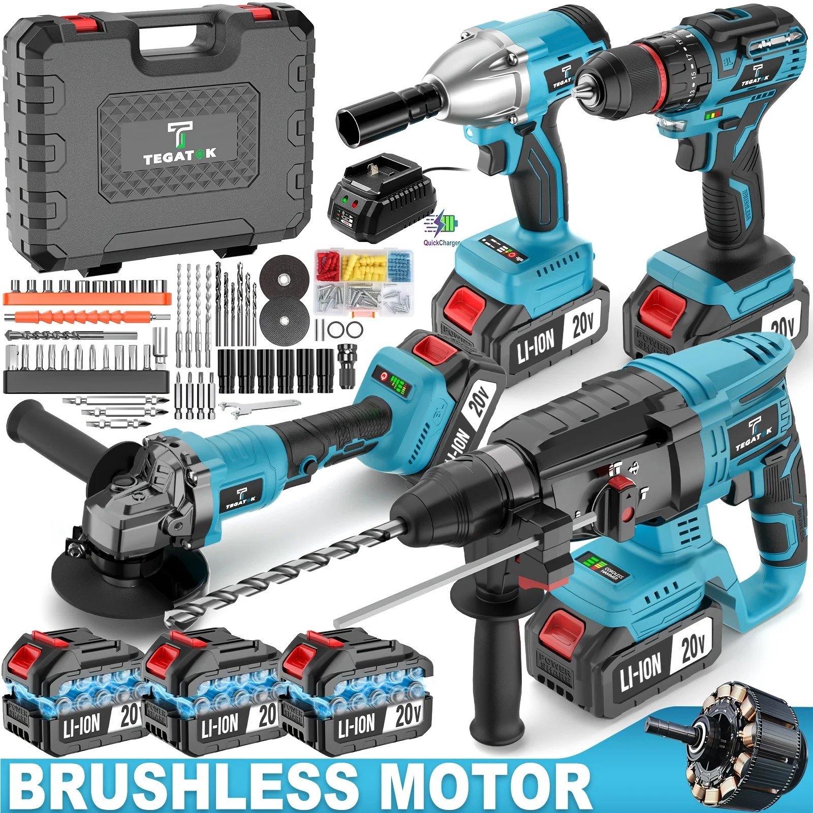 

20V Brushless Cordless Electric Tool Set, Equipped with Cordless Drill/Angle Grinder, Electric Hammer, Wrench | Equipped 3, 2 Or 1 Battery | 20V 2.0/4.0AH Battery Drill Tool Kit | Wrench Set | Home Environment | Men'S And Women'S Gifts |