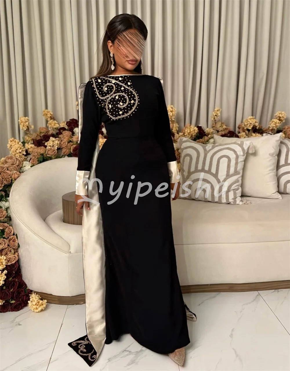 Sparkle Modest Jersey Beading Sequined Crystal Mermaid High Collar Floor-Length Evening Dresses Sizes Available Customized