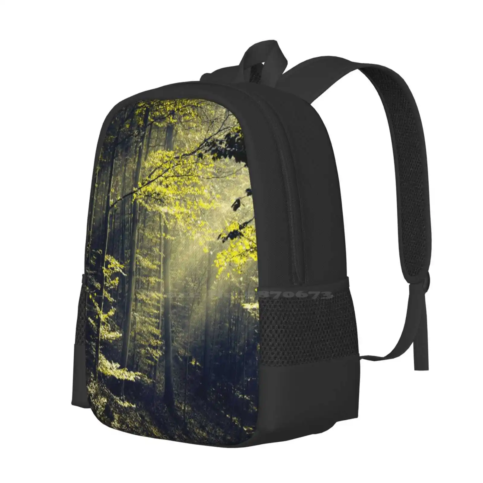 Being There-Morning Light In Forest Pattern Design Laptop Travel School Bags Rays Of Light Hill Deciduous Woods Misty Landscape