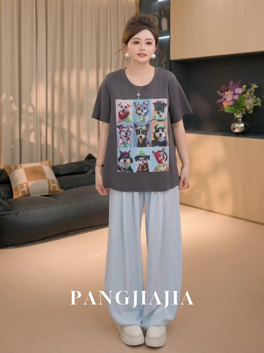 

Женская футболка больших размеров с коротким рукавом, свободного кроя, с круглым вырезом, с принтом, повседневная, модная, летняя, дышащая, из смеси полиэстера и хлопка