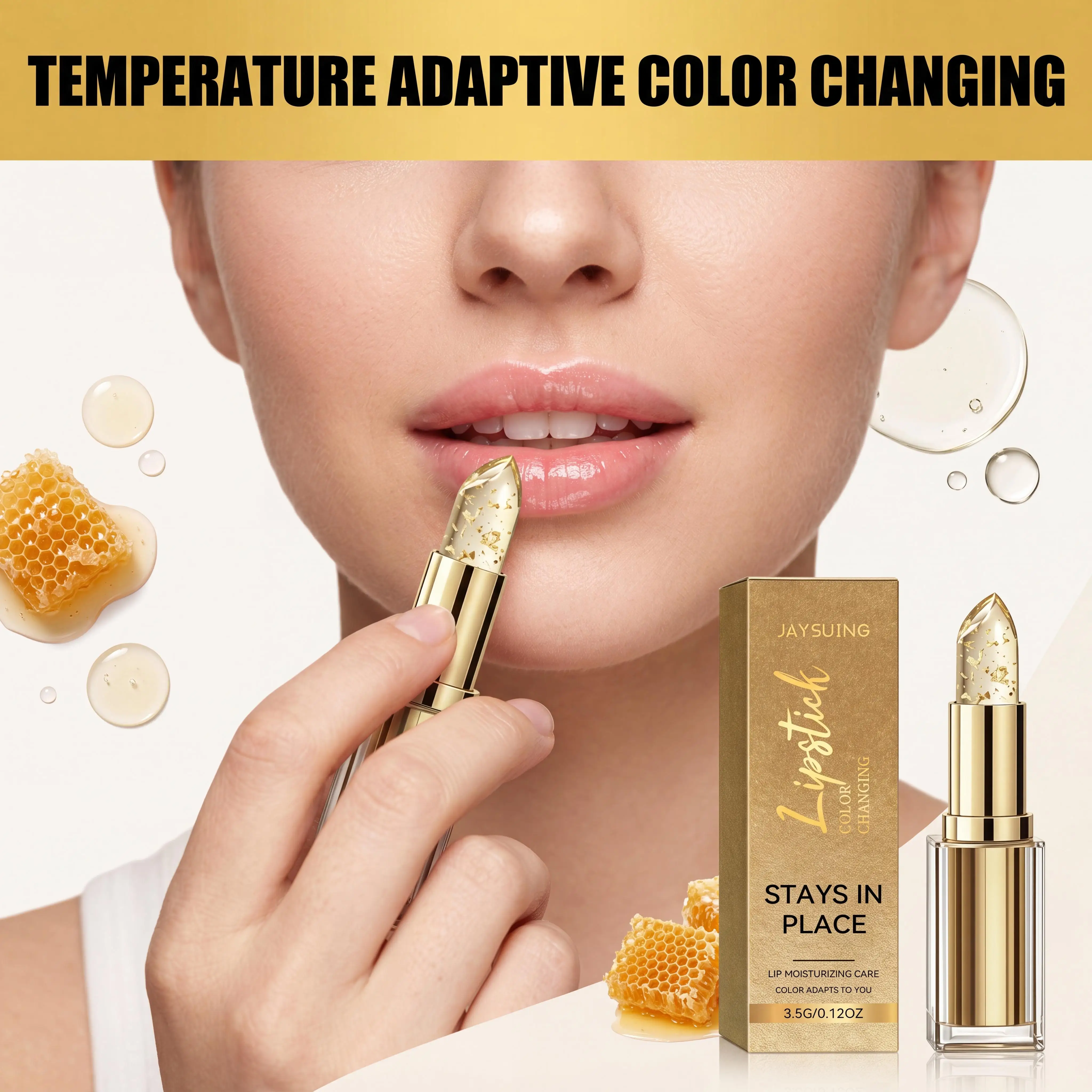 Goldfolie Farbwechselnder Lippenbalsam Anpassung an den Lippenton Transparenter Wasserfester Kristall-Jelly Perlglanz-Lipgloss Feuchtigkeitsspendender Lippenstift – Detail 6