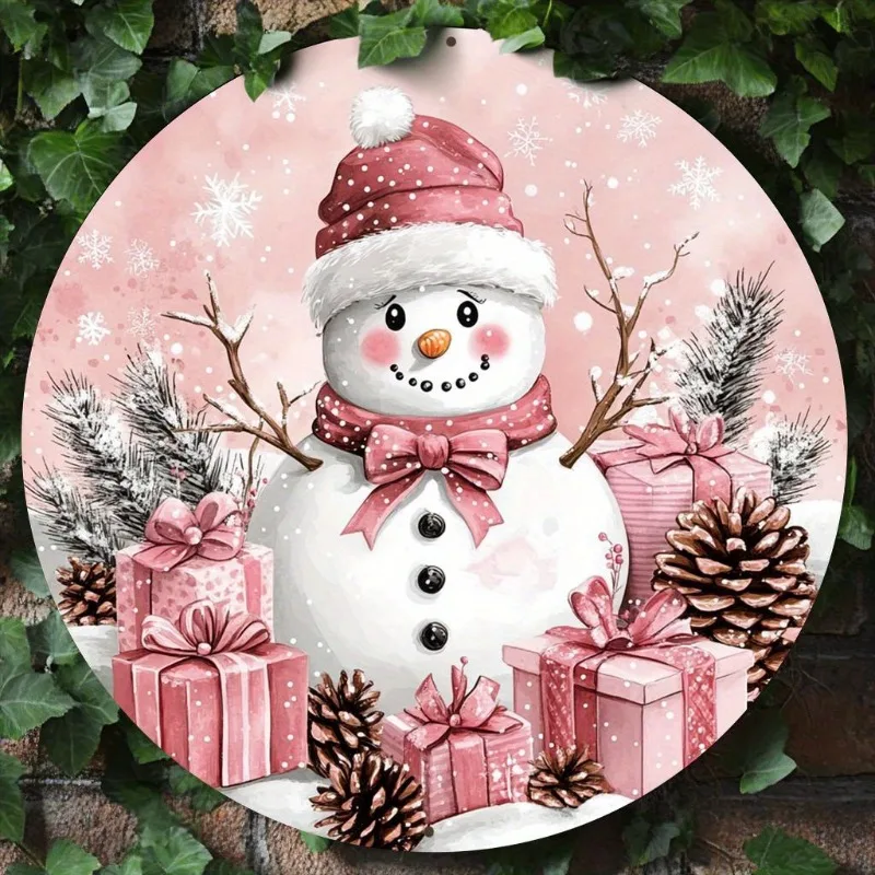 Aluminum Metal Flat Snowman Wreath Sign, Party Pack of 1pc, 2D Round Wall Decor with Pink Snowman & Gifts Theme, Christmas Decor