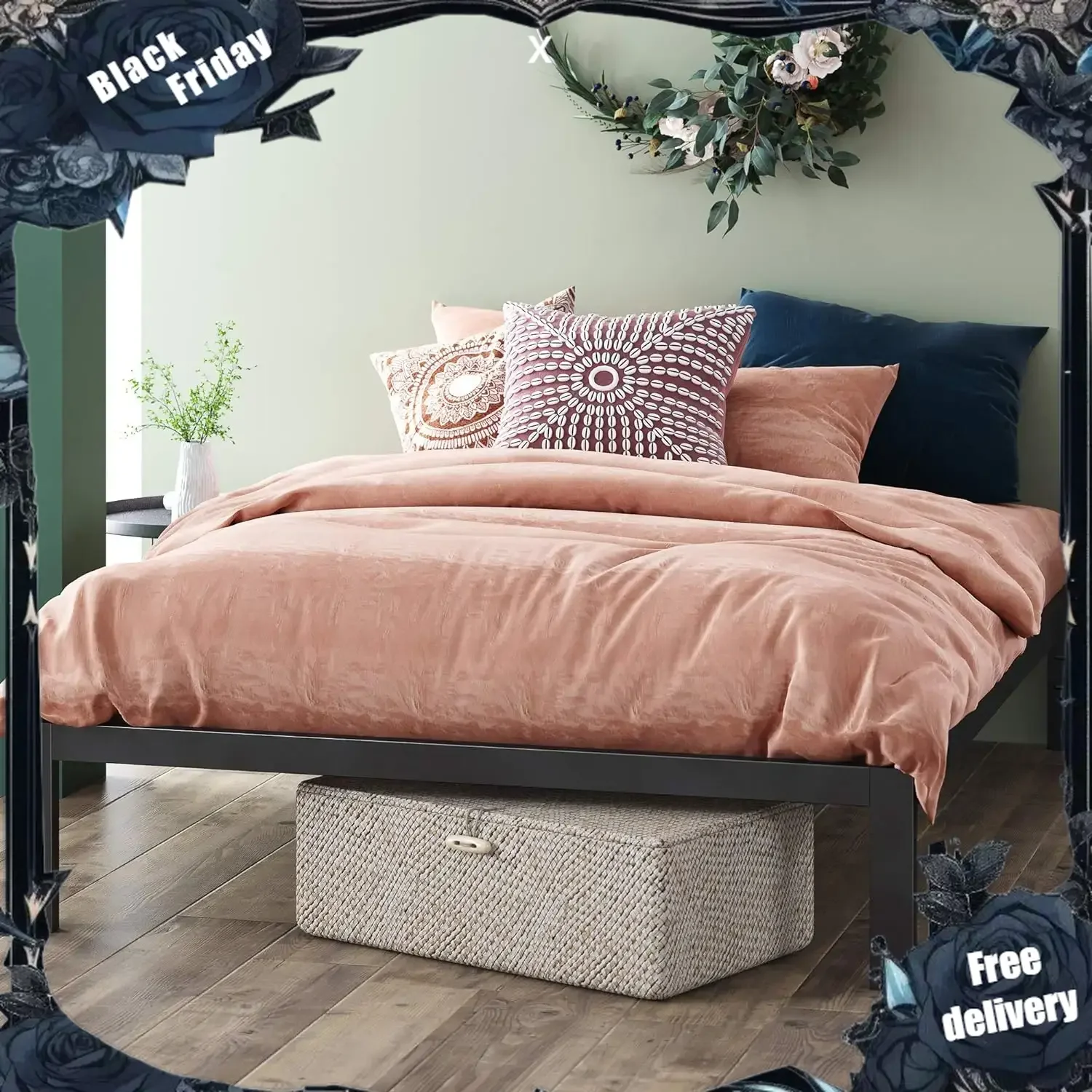 

Mia Metal Platform Bed Frame / Wood Slat Support / No Box Spring Needed / Easy Assembly, Black, Queen