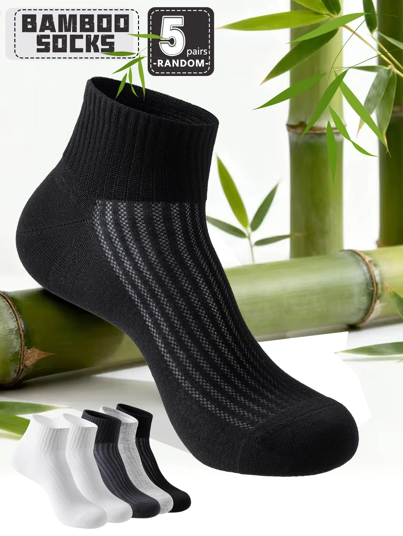 5 Paar kurze Herrensocken aus Bambusfaser, einfarbig, für den Sommer, dünnes Netz, atmungsaktiv, schwarz, Business-Socken, hautfreundlich und kühl