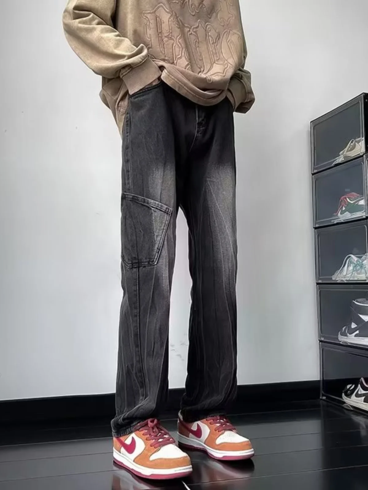 

Oversize Straight Leg Men's Jeans adient Dyed Denim mid Waist Zipper Fly Casual Faion Vintage Workwear Bla