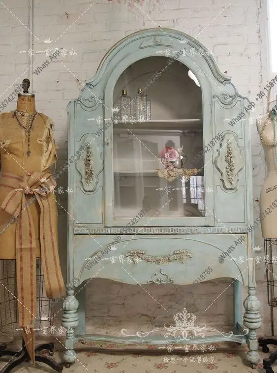 

Французский ретро-шкаф из массива дерева, американский синий шкаф с одной дверцей, резной книжный шкаф, многофункциональный шкафчик с замком.