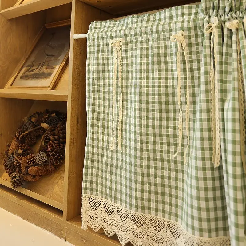 Short Curtain Cotton Green Check Plaid Gingham Embroidered Lace with Bows Opaque Window Treatment Valance Panel Drapes