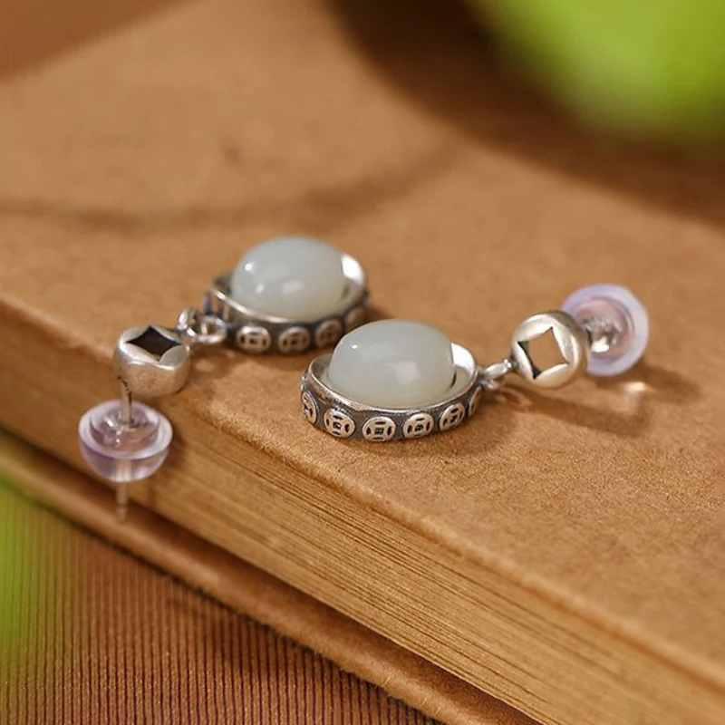 خمر Yuanbao الفضة 925 التصميم الكلاسيكي الطبيعي Hotan اليشم الأبيض النحاس عملة سحر أقراط امرأة خواتم مجموعات مجوهرات