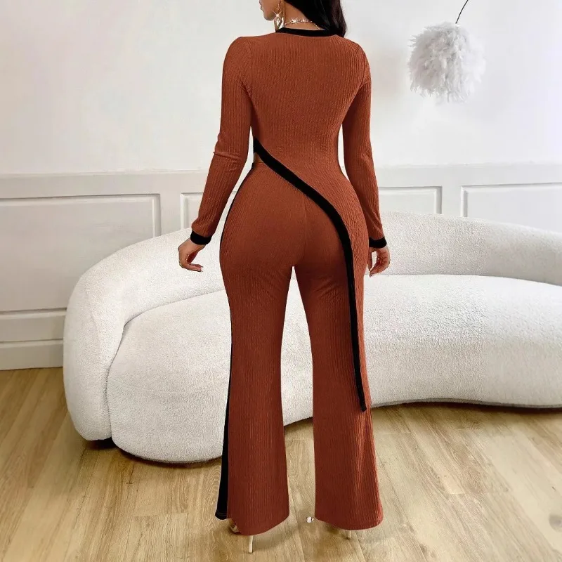 Striped Splicing Irregular Suit Round Neck Fashion Office Commuting Elegant Wide-leg Trousers Conjunto Dos Piezas Mujer Invierno