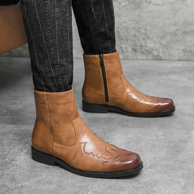 Clásicas botas de vaquero occidental para hombre, zapatos de cuero con cremallera, de alta calidad, cómodos, diseño de moda, para fiesta diaria
