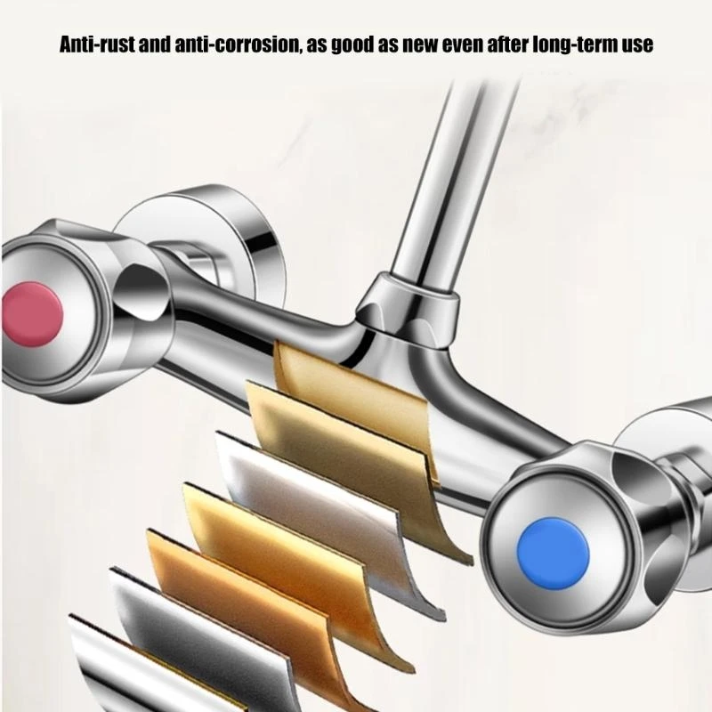 

360 Rotate Wall Mounted Kitchen Faucet Double Handle Operation Strong Brass Construction Hot Cold Water Control