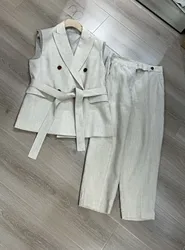 Primavera autunno B * C pantalone da donna gilet di lino in cotone + pantaloni dritti a vita alta Set da 2 pezzi