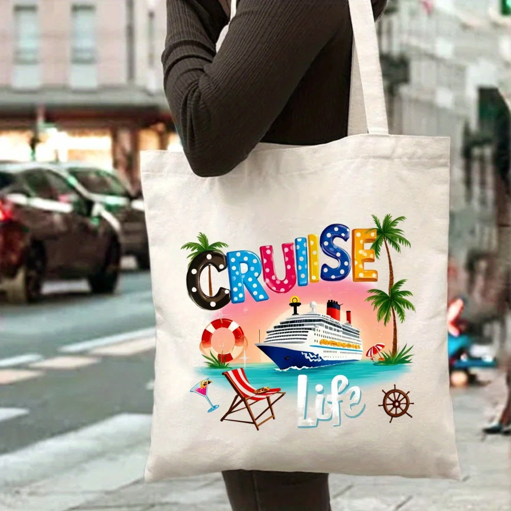 

Cruise Life Print Tote Bag with Ship Palm Tree Beach Chair Lifesaver Design Cream Nautical Beach Bag for Travel Vacation Summer