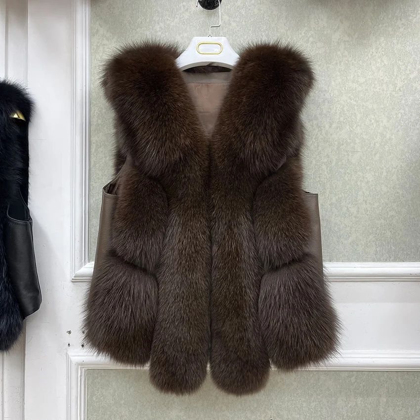 2024 New Autumn Winter Warm Women's Coat Natural Real Fox Fur Vest Thick Mid Length Waistcoat Luxury Female Jacket Streetwear