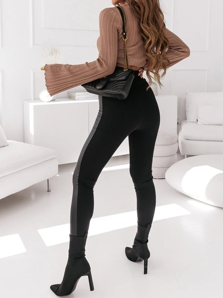 Sexy Pencil Pants Women Casual High Waist PU Leather Patchwork Elastic Waist Skinny Spring&Autumn Black Pants Woman Trousers