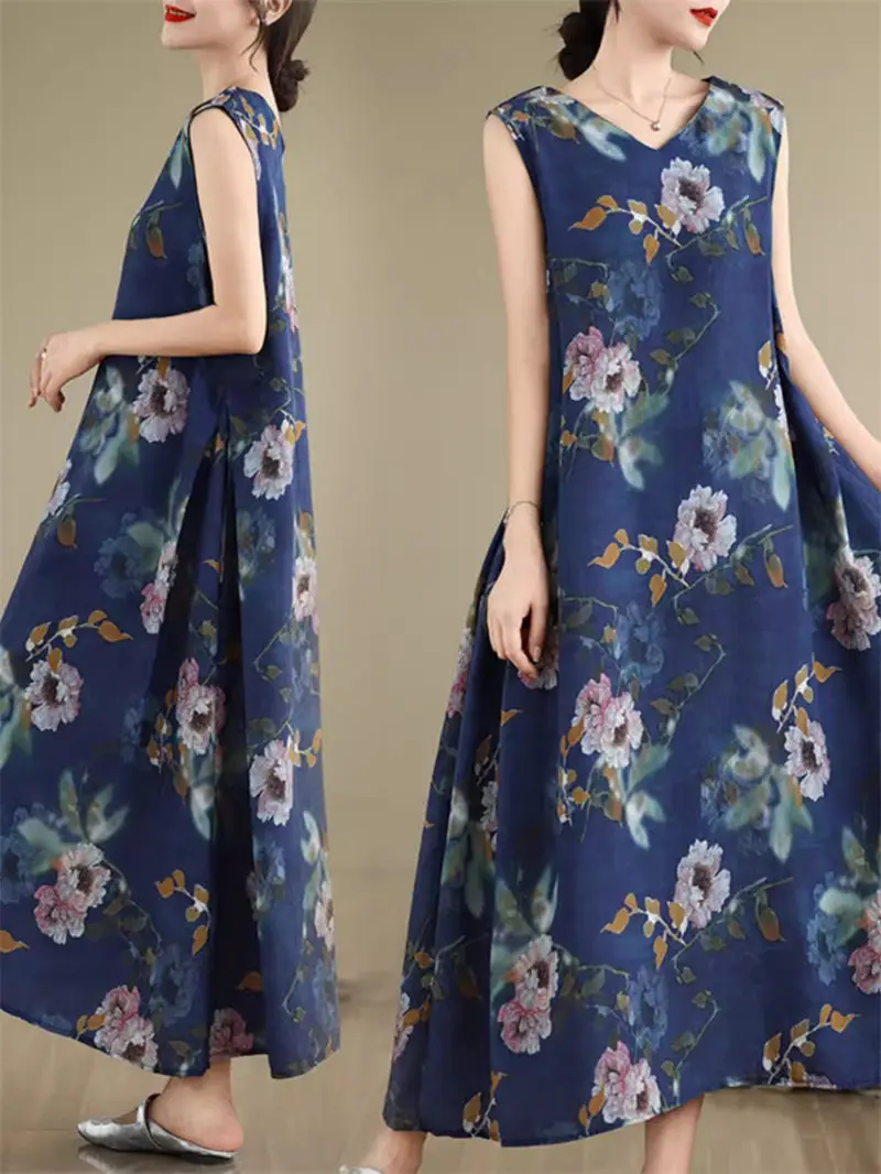Large Size Women's Dress 2024 Summer Simple Printed Sleeveless V-Neck Long Vest Dress Casual Loose Clothing K2031