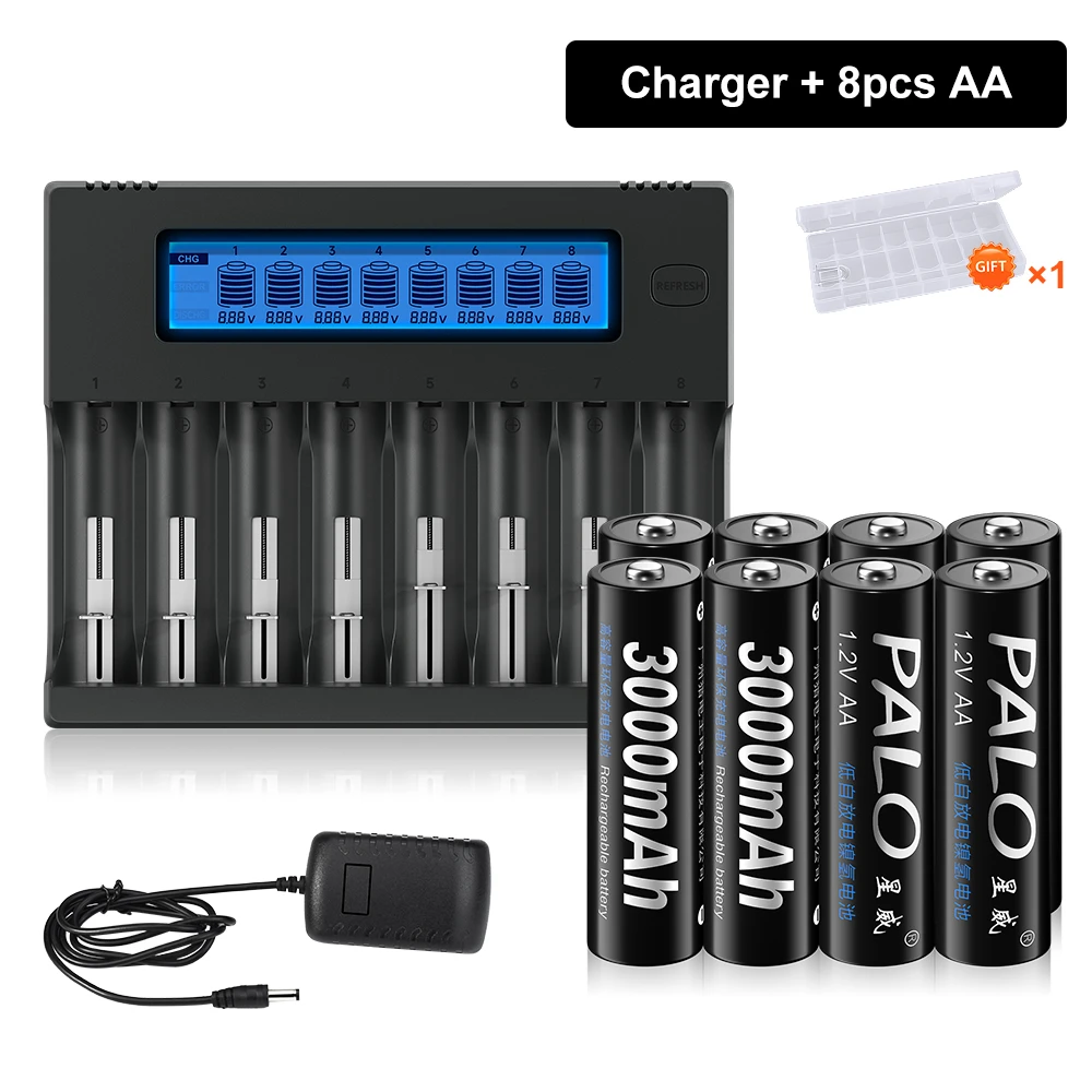 PALO AA Rechargeable Battery 1.2V NIMH AA 2A Cell With 8 Bays Charger for 21700 18650 16340 Li-Ion Batteries AA/AAA NIMH Battery