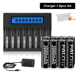 PALO AA Rechargeable Battery 1.2V NIMH AA 2A Cell With 8 Bays Charger for 21700 18650 16340 Li-Ion Batteries AA/AAA NIMH Battery