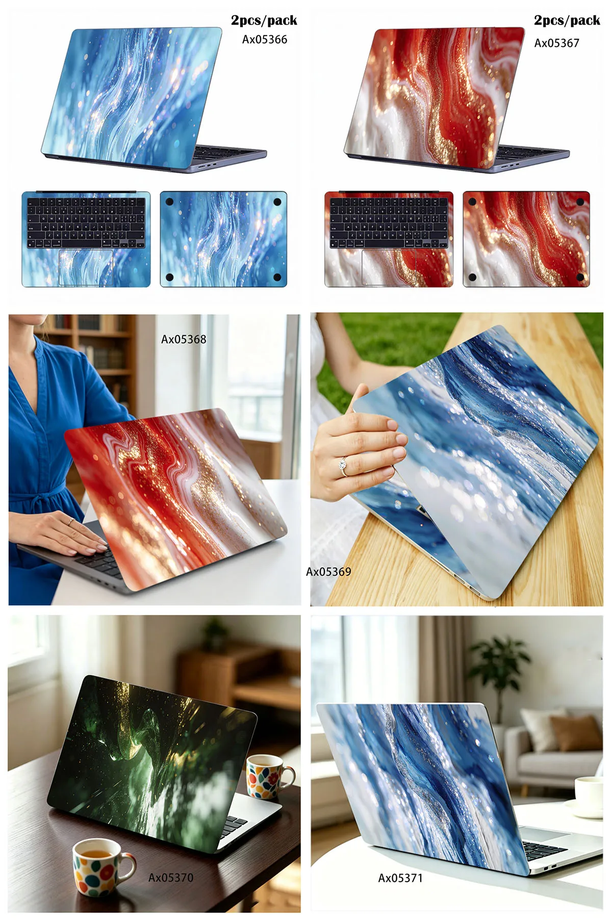 2Pcs/Pack Liquid Marble Fluid Art Laptop Stickers Self-Stick Cover for Universal MacBook Notebook PC Art Ornamental Sticker