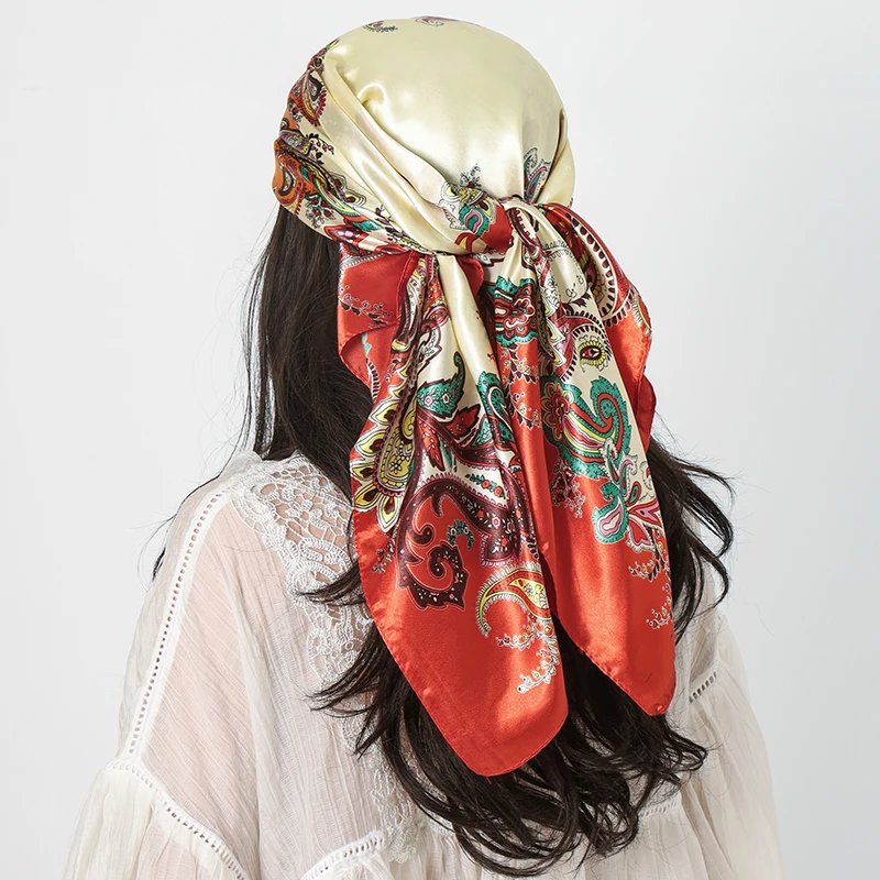 Luxus Marke Platz Silk Schal Frauen Schal 90*90cm Cashew Druck Kopftuch Femme Kopf Schal Foulard Satin Bandana hijab Schals – Detail 5
